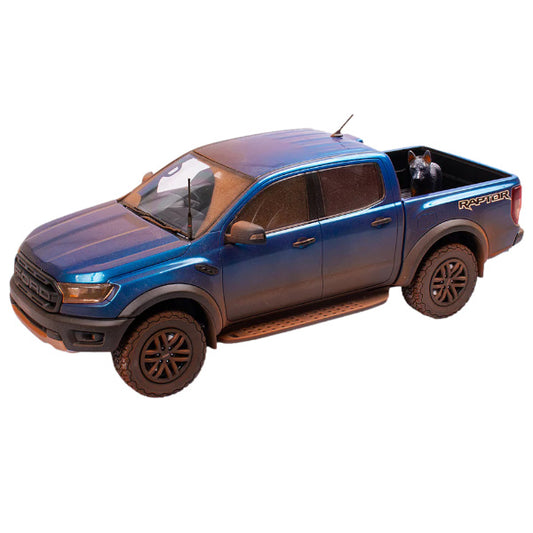 1:18 scale Ford Ranger Raptor Velocity Blue Dirty Version With Dog