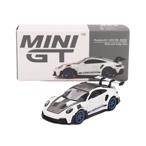Mini GT 1:64 scale Porsche 911 (992) GT3 RS Weissach Package White with Indigo Blue