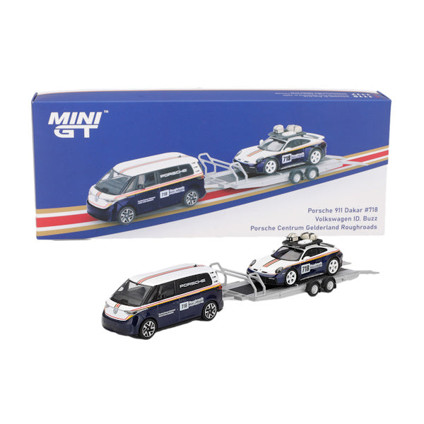 1:64 scale Porsche 911 Dakar #718 / Volkswagen ID. Buzz Porsche Centrum Gelderland Roughroads Set