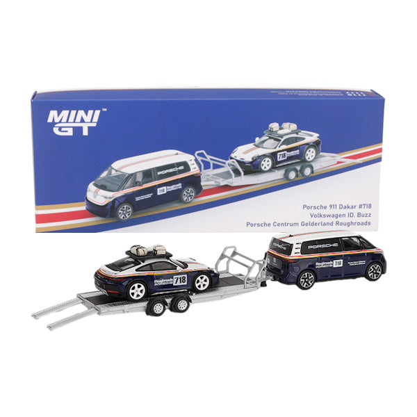 1:64 scale Porsche 911 Dakar #718 / Volkswagen ID. Buzz Porsche Centrum Gelderland Roughroads Set