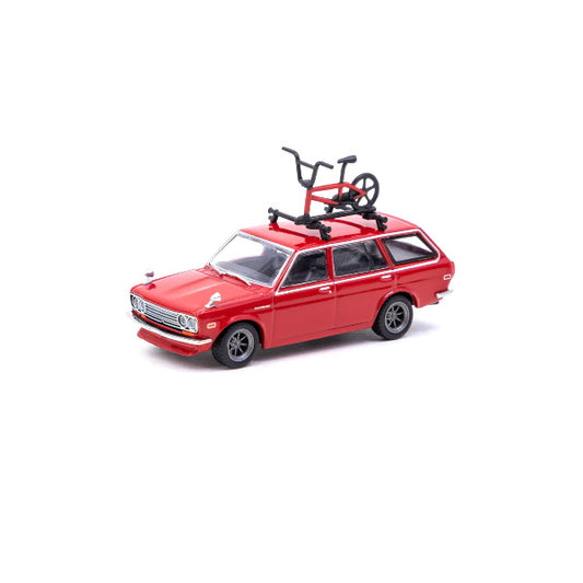 1:64 scale Datsun Bluebird 510 Wagon Red and Bicycle with roof rack